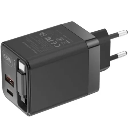 Mars Gaming MD-GAN65R Cargador de Pared GaN 65W con Cable USB-C Retráctil Negro